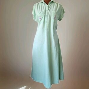 Vtg 70s Starina Floral Embroidered Cotton House Dress Boho Size M Green